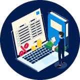 Illustration of a small man over a computer with numerical icons.