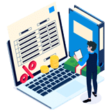Illustration of a small man over a computer with numerical icons.