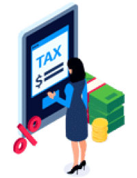 Illustration of a lady looking at a large tax icon